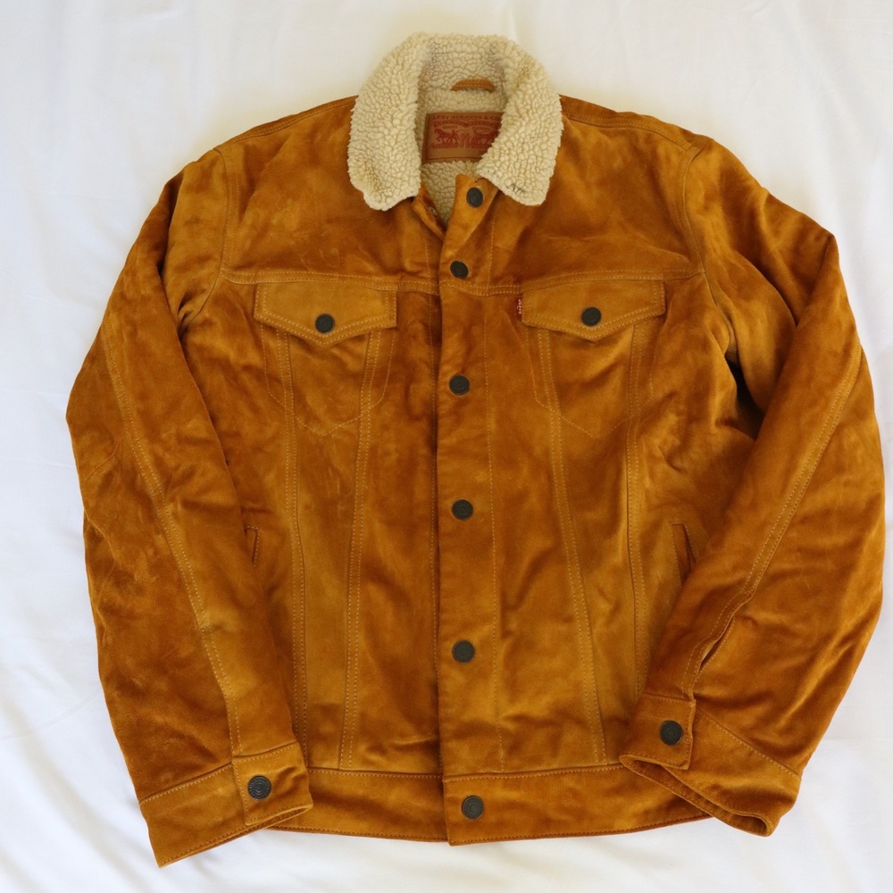 Levi's Suede Leather Sherpa Lined Trucker Jacket 16365-0023 Camel Brown Large